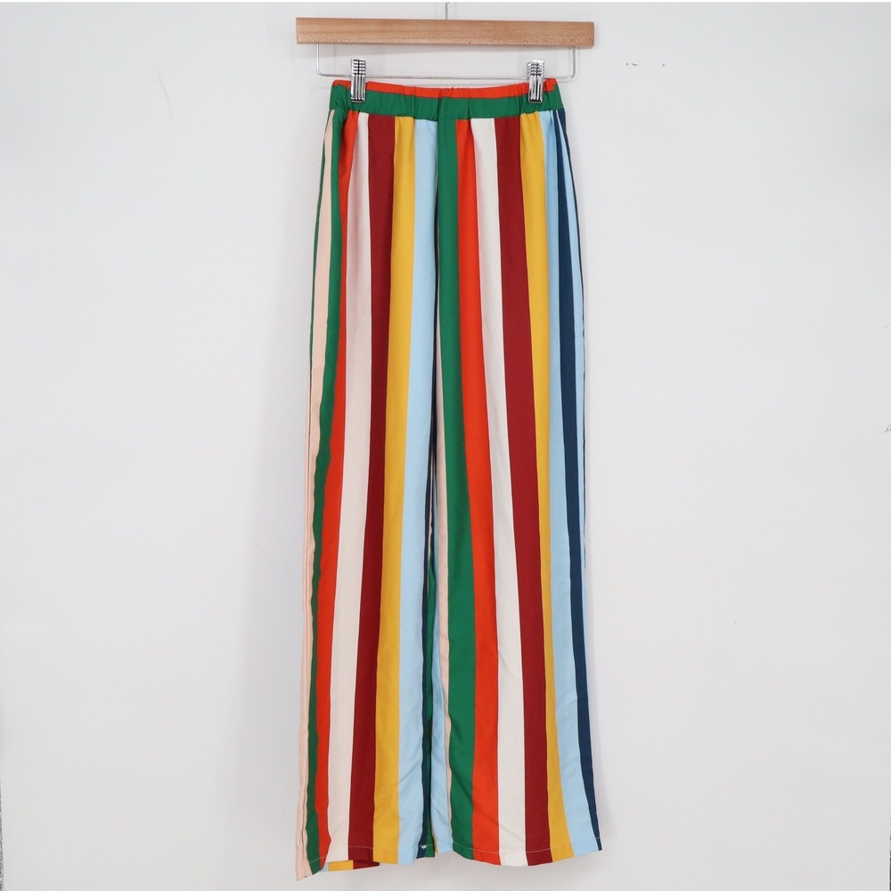 YMHY Pants Womens S Wide Leg Multicolor Vertical Stripe Elastic Waist Excellent